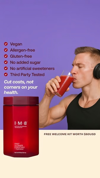A 9:16 vertical social ad featuring a user drinking a supplement with a clear list of product benefits overlaid against a clean, purple background.